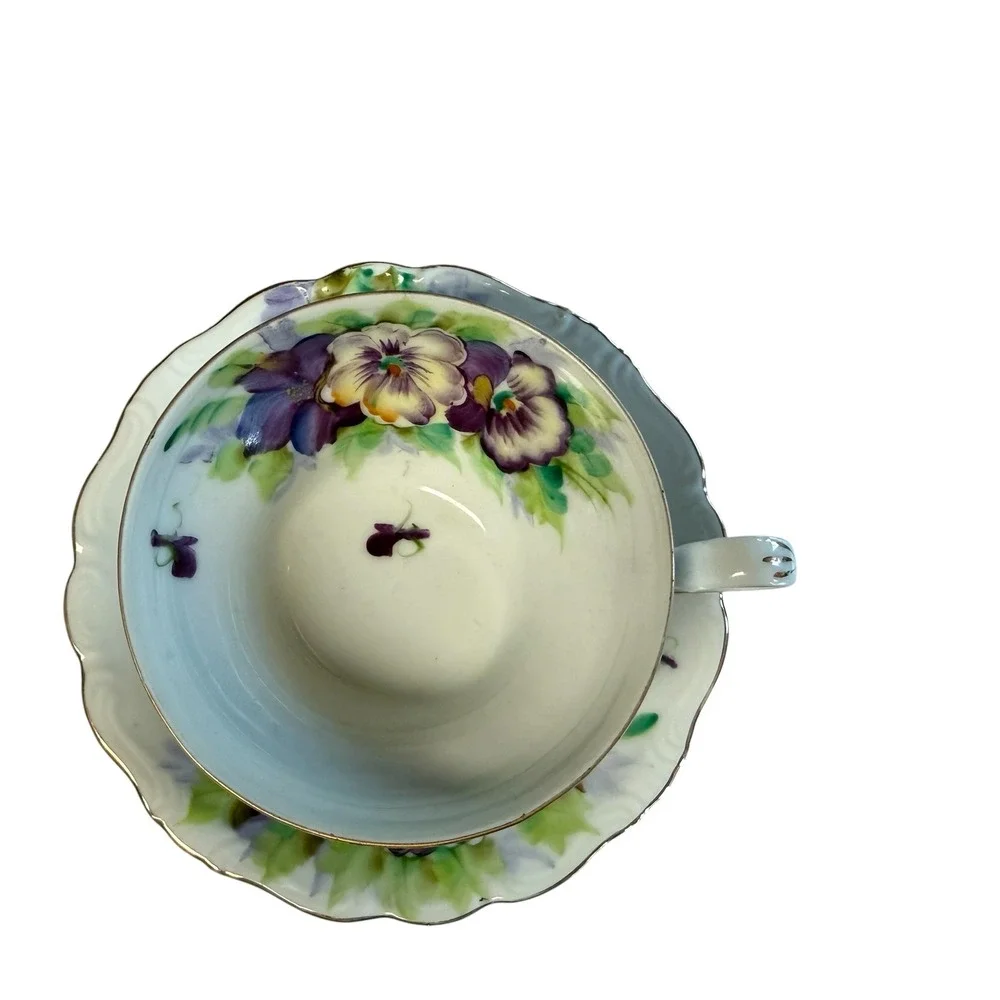 Princess China Occupied Japan Tripod Footed Teacup Saucer Hand Painted Pansy